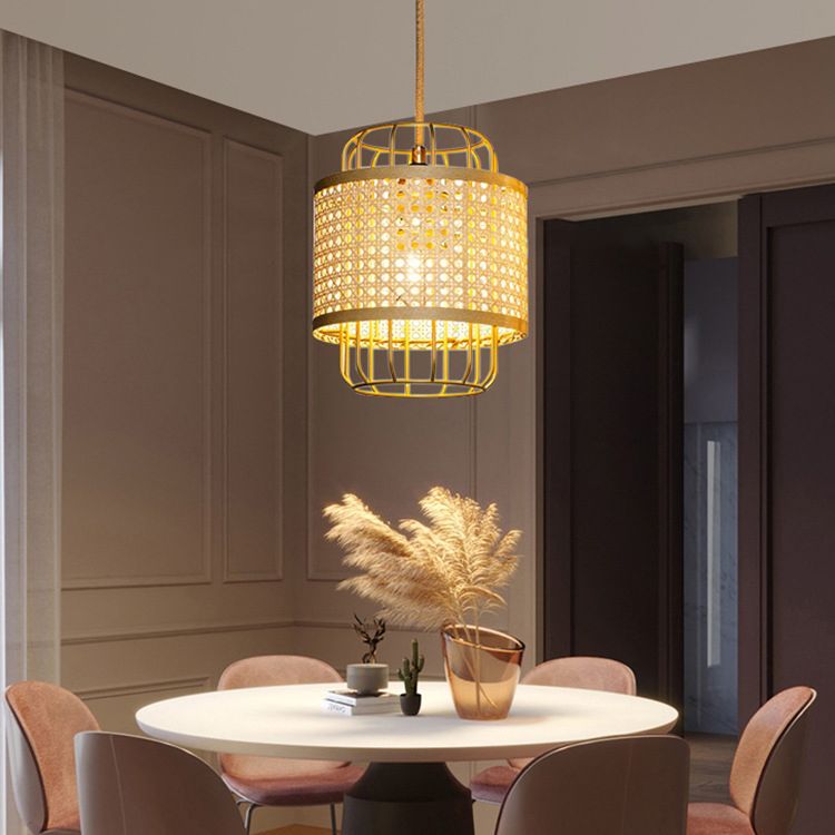 Hand-Worked Rattan Restaurant Ceiling Light Asian Style Single Bulb Lantern Hanging Pendant Light