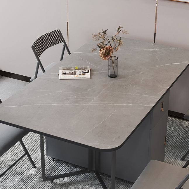 Metal Base Modern Rectangular Table Sintered Stone Top Table with Drop Leaf