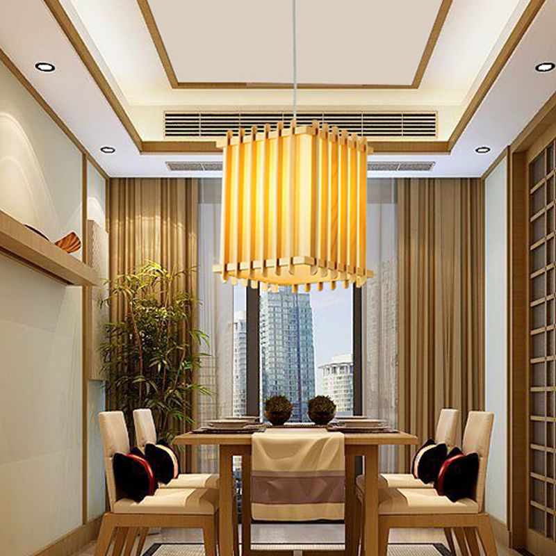 Asian 1 Bulb Pendant Lighting Wooden Beige Rectangular Cage Ceiling Lamp over Table