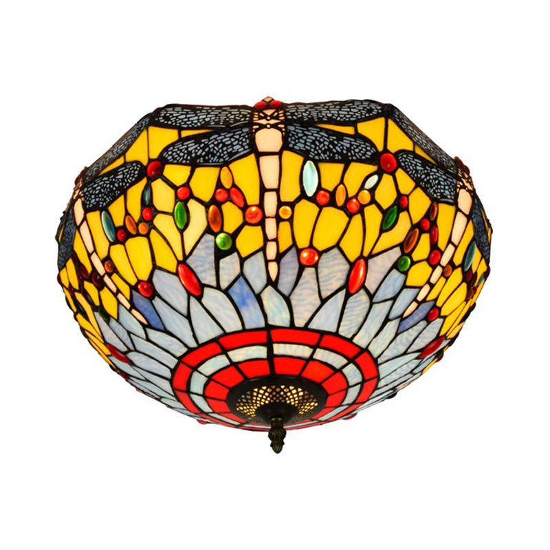 3 Heads Living Room Ceiling Mounted Fixture Tiffany Red/Yellow/Orange Flush Mount Lamp with Dragonfly Stained Glass Shade