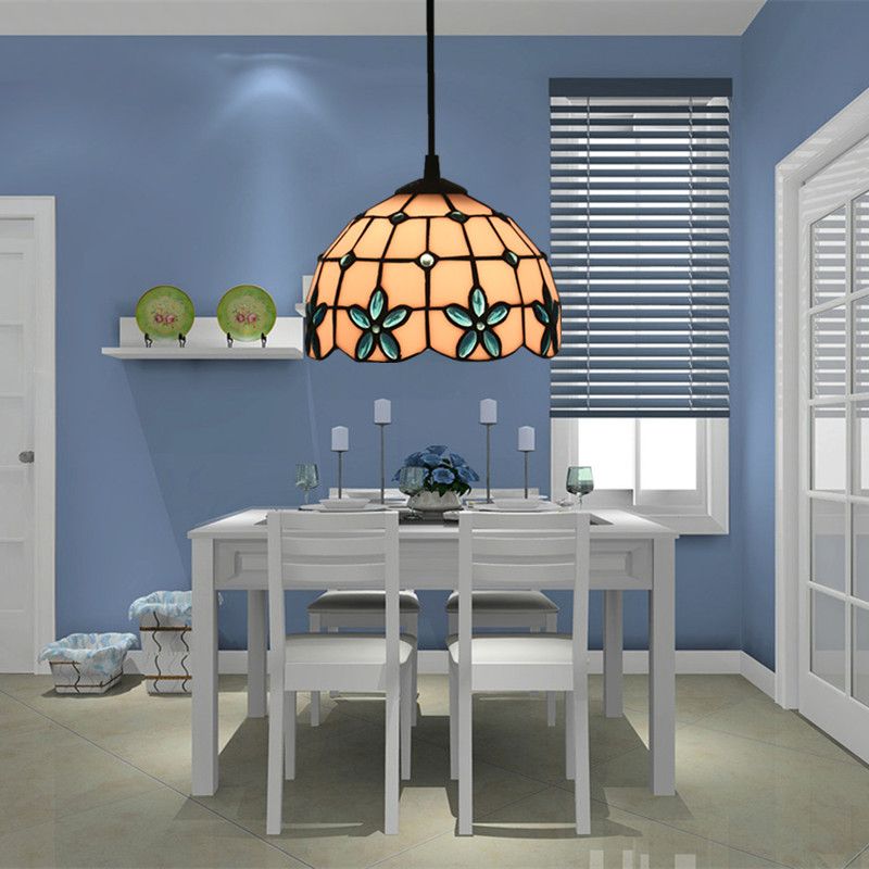 1-Head Hanging Light Kit Tiffany Lattice Bowl White Glass Jeweled Flower Pendant Lighting for Dining Room