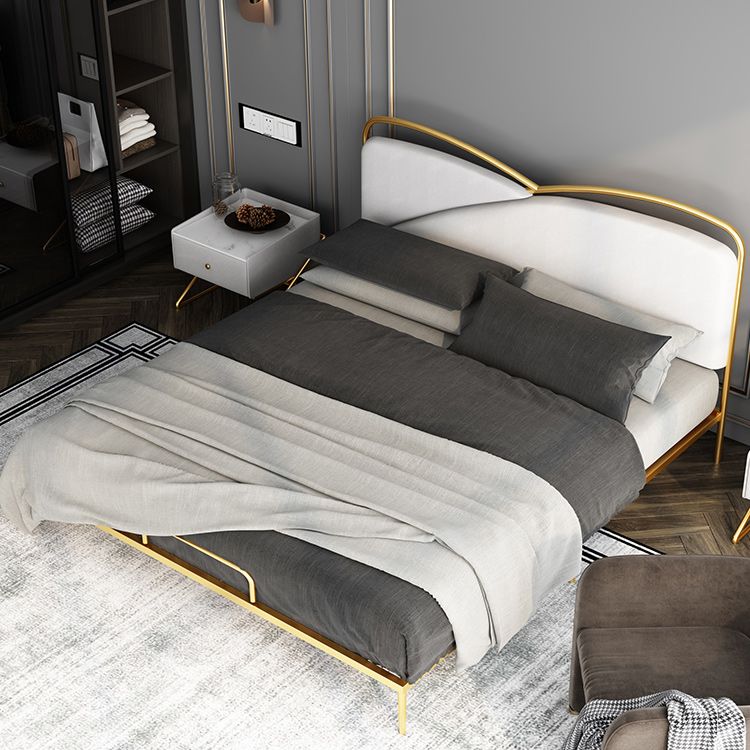 Luxurious Standard Bed in Gold Upholstered Low Profile Metal Bed