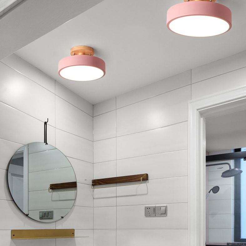 Round Corridor Semi Flush Light Acrylic Macaron Style LED Flush Ceiling Light with Wooden Canopy