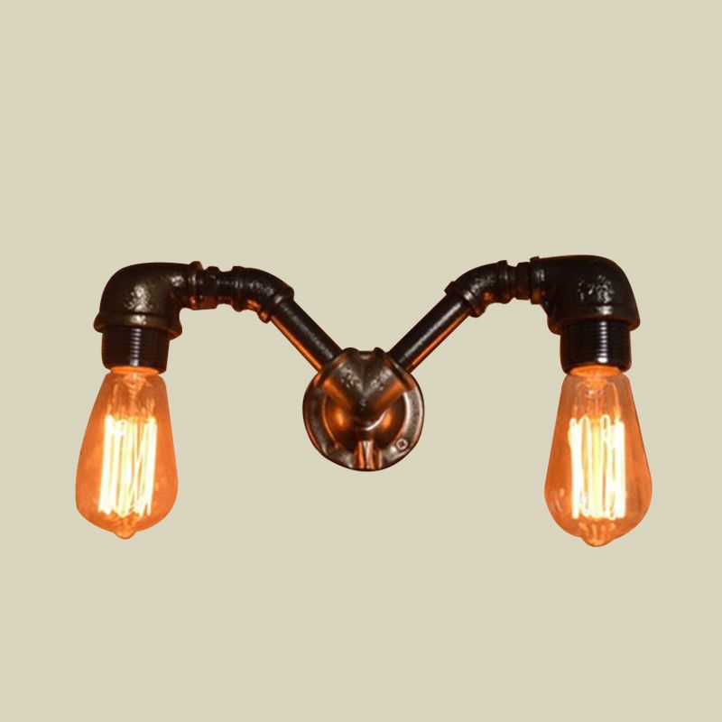 2 Heads Pipe Design Wall Lighting with Open Bulb Farmhouse Black Finish Metal Sconce Light Fixture