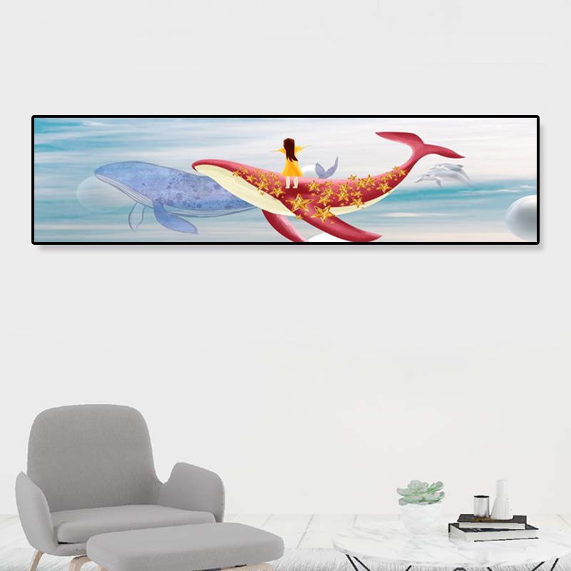 Fantasy Flying Whale Canvas Cartoon Textured Wall Art Print in Soft Color for Kids Room