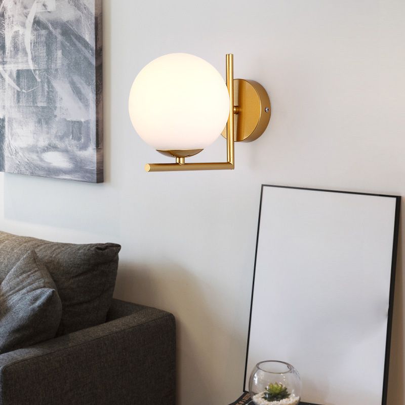Modern Concise Globe Wall Sconce Wrought Iron Wall Lamp with White Glass Shade