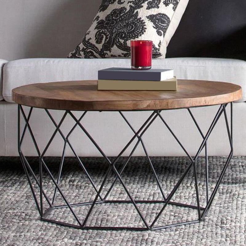 Contemporary Wooden Top Round Coffee Table with Black Metal Frame Base