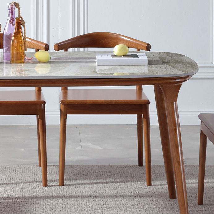 Mesa rectangular moderna de mediados de siglo Mesa de piedra sinterizada con 4 patas base de madera