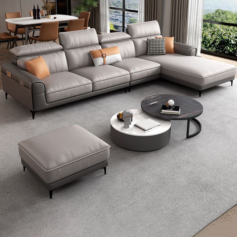 Faux Leather Square Arm Sectionals, 137" L Sectional Grey With Cushions Metal Legs