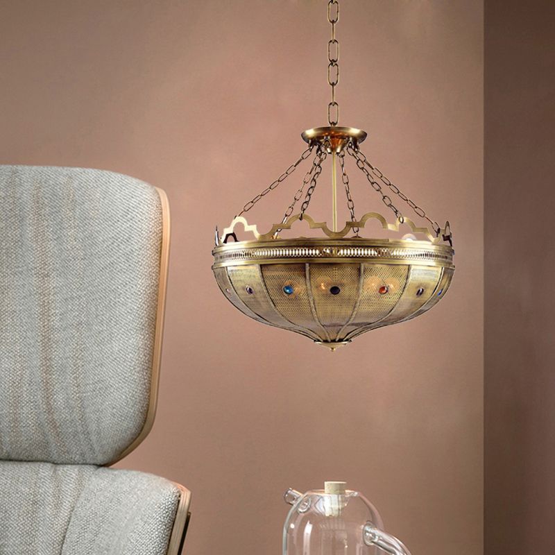 Bowl Bedroom Chandelier Lighting Arab Metal 6 Bulbs Brass Hanging Ceiling Light with Bead Decor