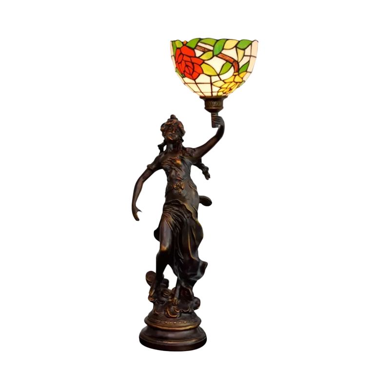 Harz Torchiere Tisch leichte Tiffany 1 Lampenbronze-Nachttisch-Lampe mit rot-gelb/blau/rotem Blütenglas Schatten