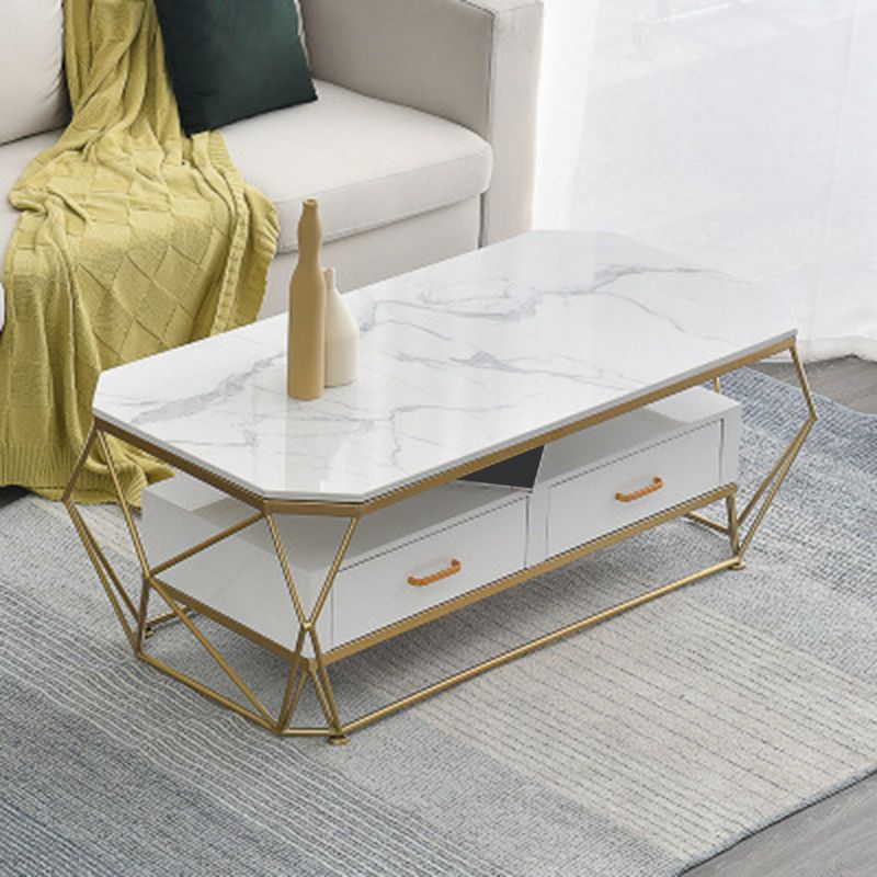 17.7" H Glam Rectangle Coffee Table Iron Frame Cocktail Table with 2 Drawers