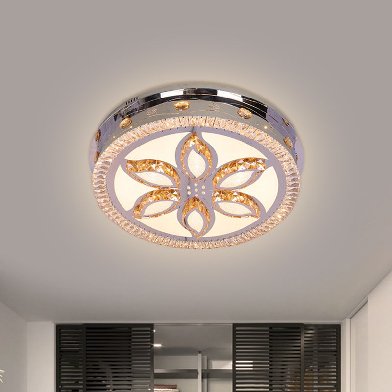LED Round Flushmount Light Contemporary Stainless-Steel Finish Clear Crystal Blocks Ceiling Lamp with Flower Pattern