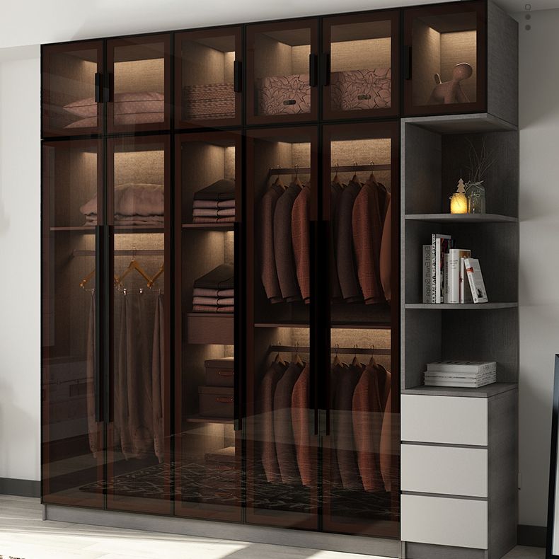 Modern Glass Hinged Doors Wardrobe Armoire Wood Frame Wardrobe with Shelves without Light