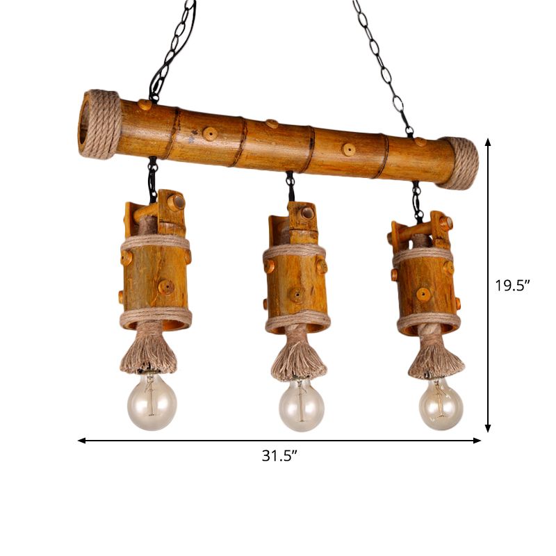 Countryside Chinese Bucket Pendant Lamp 3-Bulb Bamboo Island Light Fixture with Rope Accent in Brown
