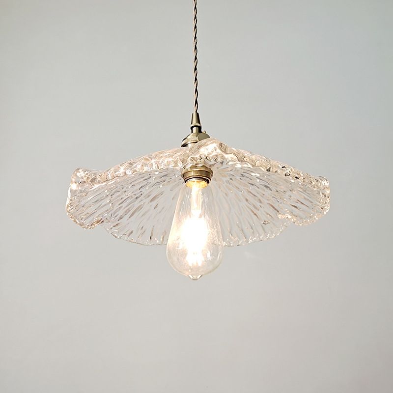Single Lotus Leaf Shaped Pendant Lamp Farmhouse Brass Clear Carved Glass Hanging Light over Dining Table