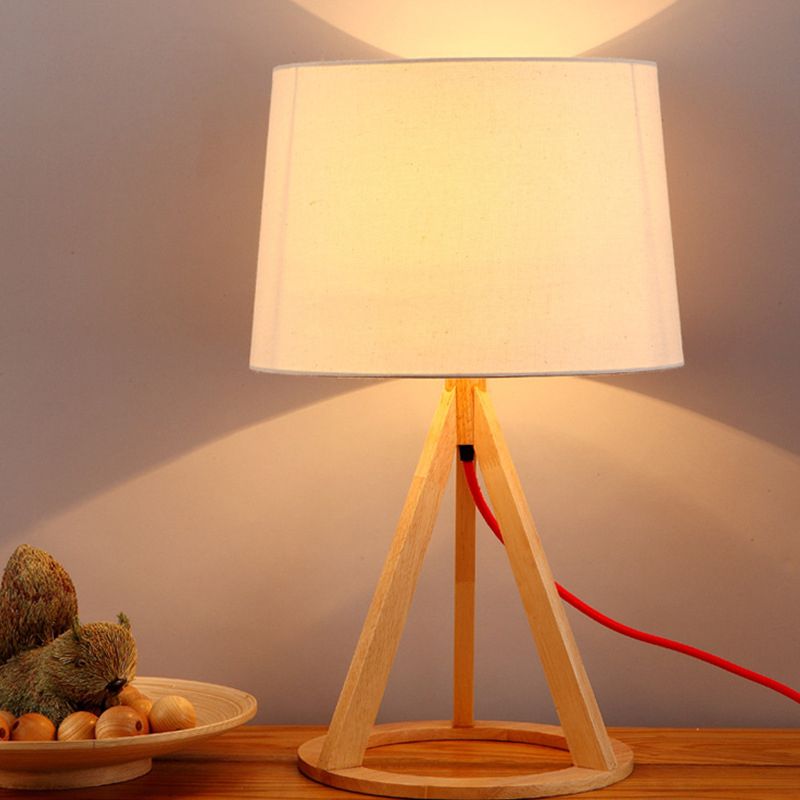 Fabric Drum Night Stand Lamp Simple 1-Light White Table Light with Open Conical Pedestal