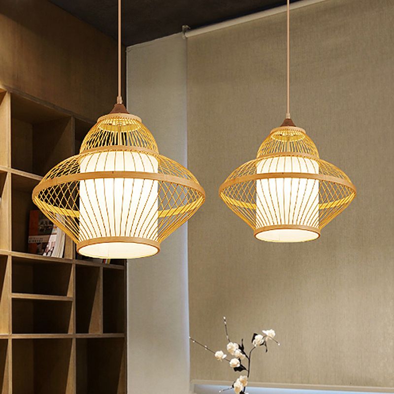Curvy Pendant Lighting Japanese Bamboo 14"/17" Wide 1 Bulb Wood Ceiling Hanging Light