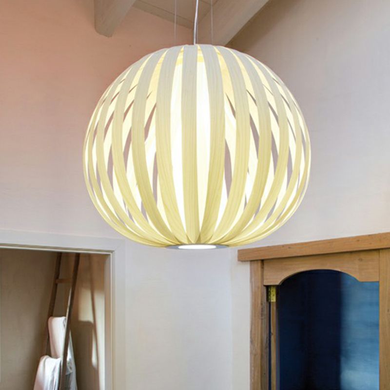 Wood Veneer Global Pendant Lamp Asian 1 Head Suspended Lighting Fixture for Restaurant