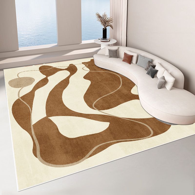 Beige Living Room Area Rug Color Block Polyester Area Carpet Non-Slip Backing Area Rug