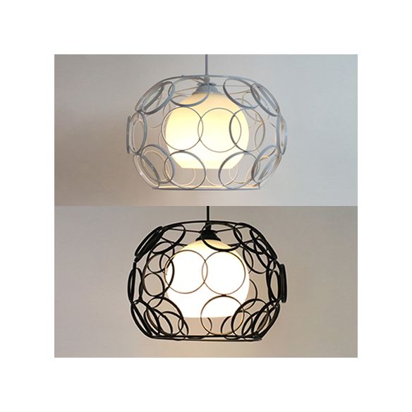 1 Light Metal Pendant Light Vintage Black/White Wire Frame Indoor Hanging Ceiling Light with Opal Glass Globe Shade