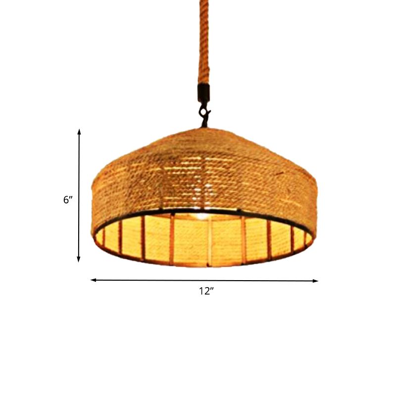 Beige 1-Head Pendant Light Fixture Antiqued Rope Mongolian Yurts Shape Hanging Ceiling Lamp with Hand Woven Design, 12"/16"/19.5" Wide