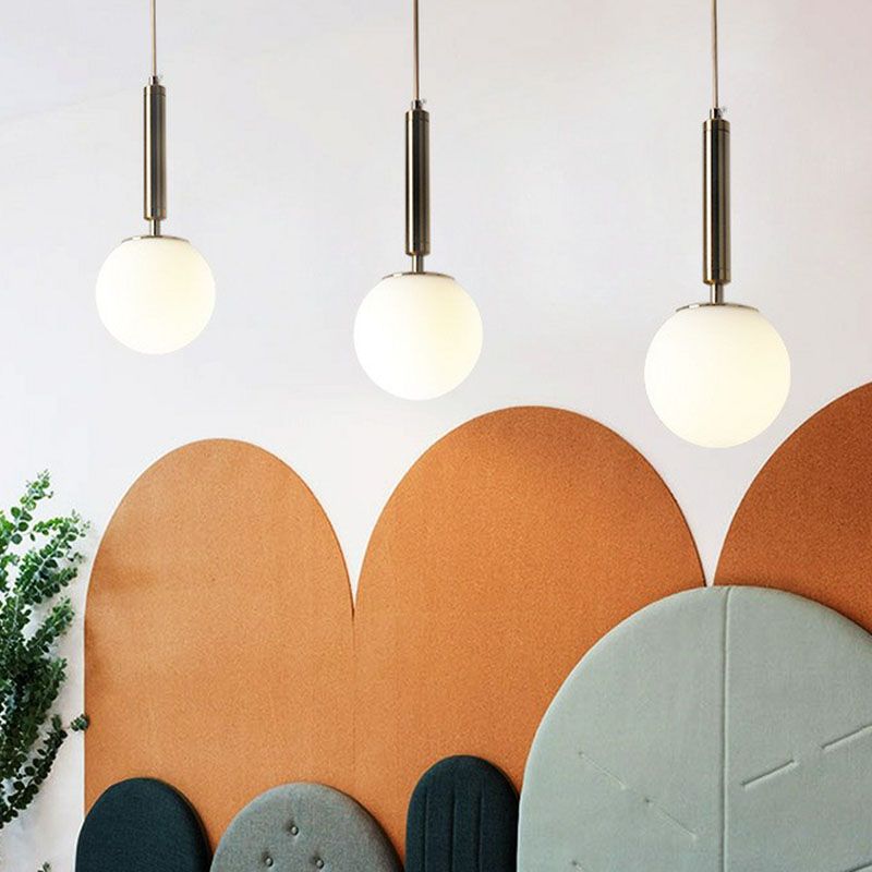 Single-Bulb Bedside Hanging Lamp Simple Pendant Light with Ball White Glass Shade