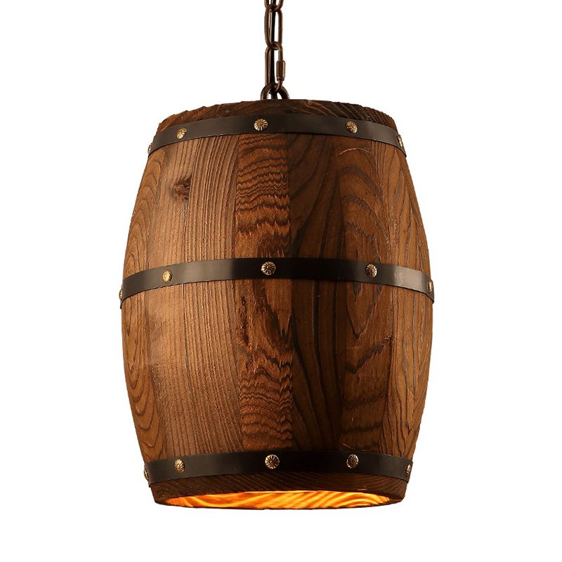 Wooden Barrel Shaped Creative Hanging Light Industrial Style Single Light Suspended Light with 27.5" Hanging Chain
