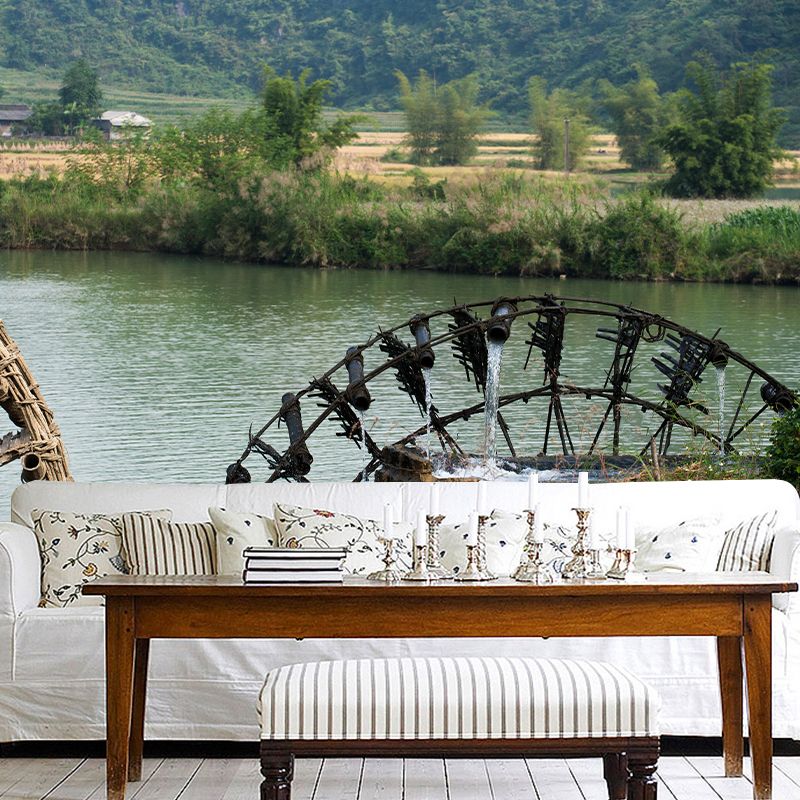 Country Water Mill Mural Mildew Resistant Wall Covering for Home Decor