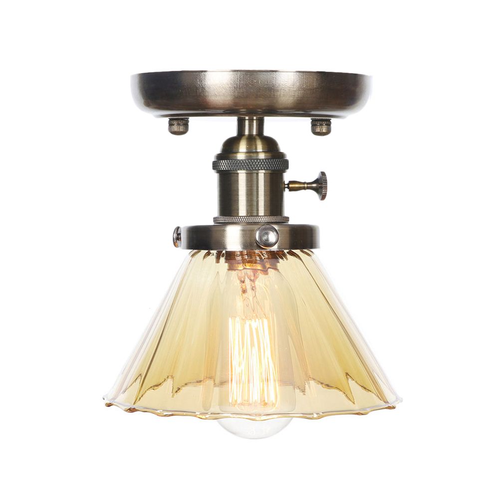 1 Light Ceiling Lighting Industrial Cone/Bell/Rhombus Clear/Amber Glass Semi Flush Mount Light in Bronze