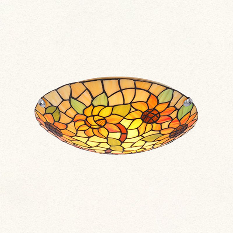 Flower&Leaf Pattern Tiffany Ceiling Light Stained Glass Shade Retro Mediterranean Style Flush Mount Lighting Fixtures for Restaurant Entrance Hall
