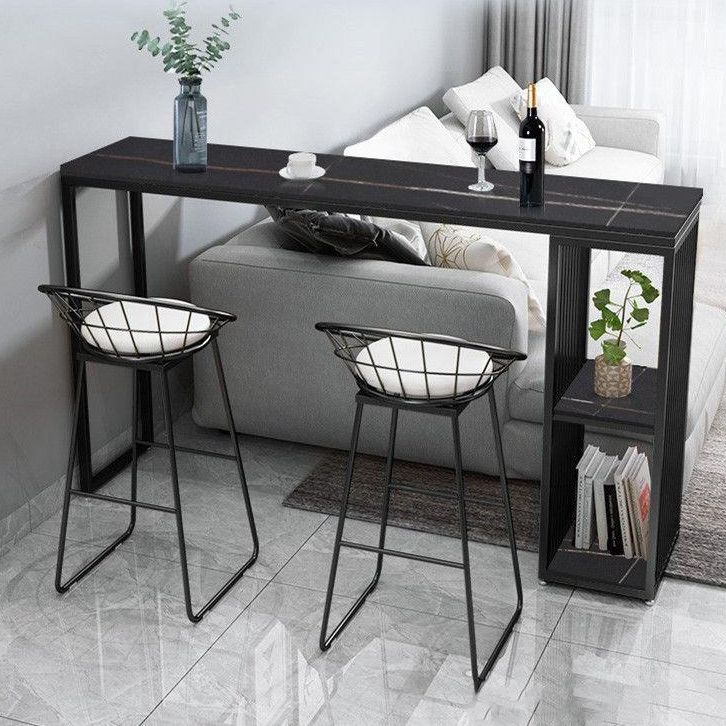 Black Stone Top Bar Dining Table Modern Rectangle Bar Table with Storage