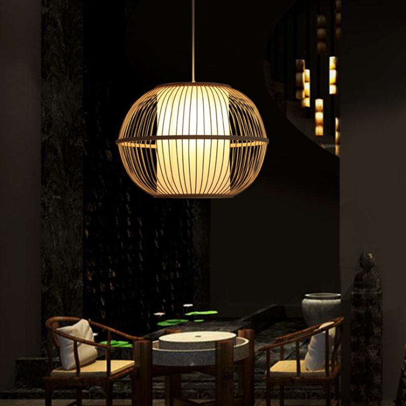 Bamboo Handmade Hanging Light Fixture Asian Style 12"/14" W 1-Light Beige Suspended Lamp with White Cylinder Inner Shade