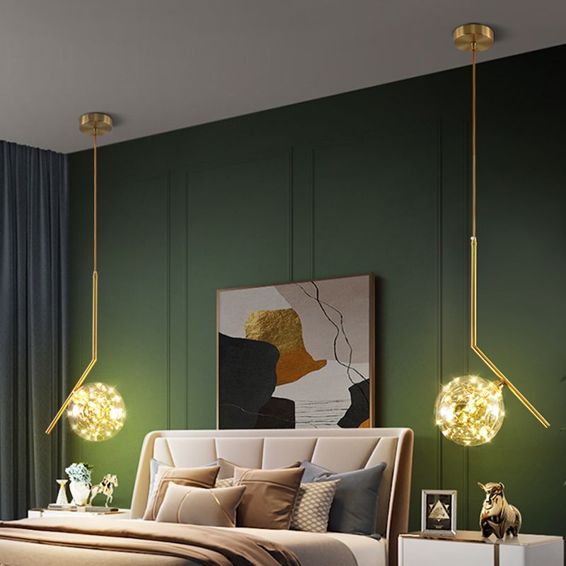 Globe Shape Ceiling Light Simplicity Clear Glass Bedroom LED Hanging Pendant Light in Brass