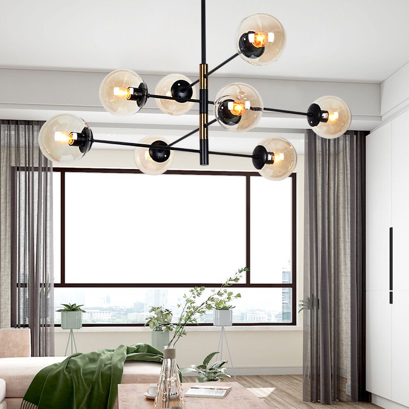 Modern Design 8-Light Ceiling Light, Orb Clear Glass Shade, Horizontal Linear Chandelier