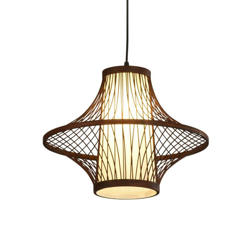 Flared Bamboo Pendant Light Fixture Asian Single Bulb Suspension Lighting with White Shade Inner