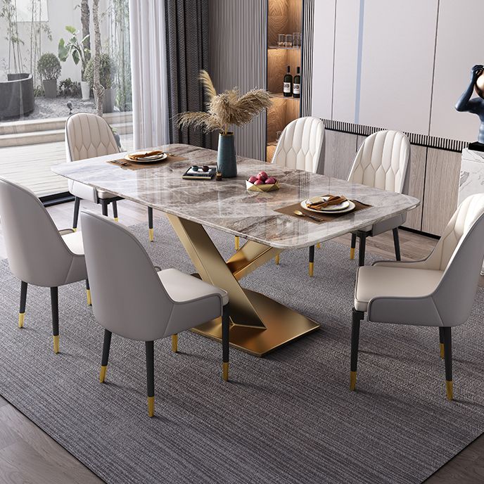 Mesa rectangular de lujo tradicional, mesa de piedra sinterizada gris con base de pedestal dorado