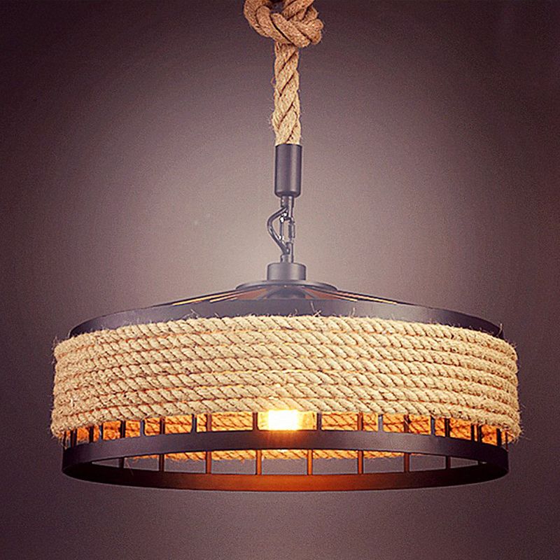 Industrial-Style Drum Pendant Lighting Fixture Rope Hanging Pendant Light in Beige