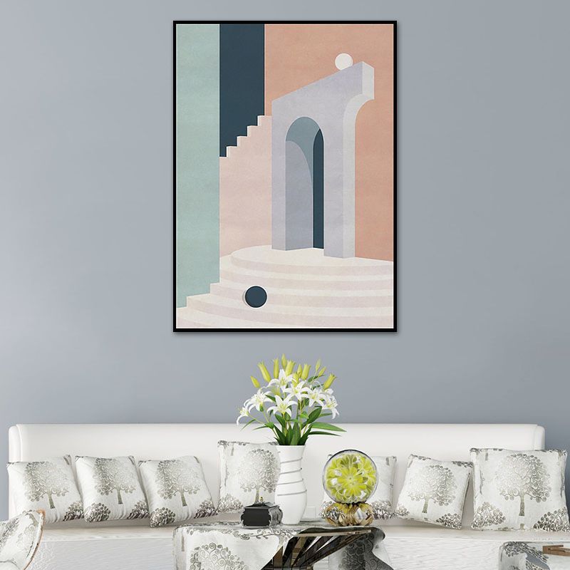 Illustration Architecture Canvas Wall Art for Living Room, Pastel Color, Textured