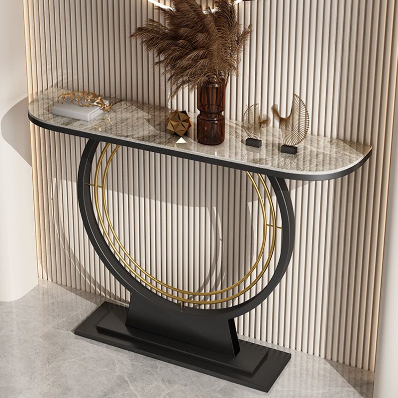 Contemporary Iron Console Sofa Table Stone Half Moon End Table for Hall