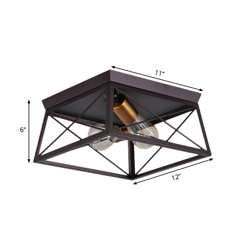 Metal Squared Frame Flush Light Industrial Style 2 Bulbs Coffee Ceiling Light Fixture for Restaurant, 10"/12" Wide