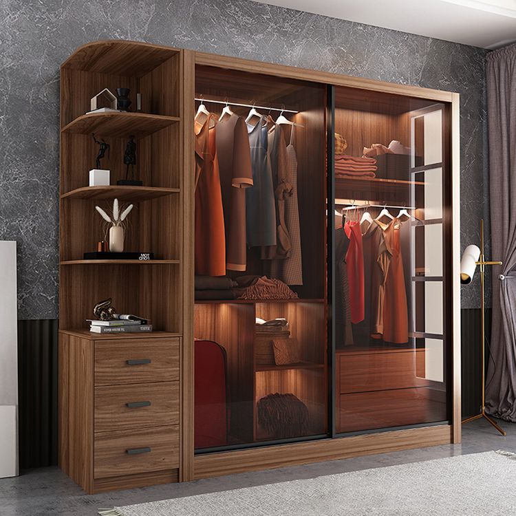 Bedroom Sliding Door Wardrobe Modern Brown Cabinet with Glass Doors