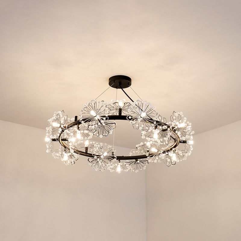 15 Köpfe Blumenkreis Kronleuchter moderner schwarzer Kristall Anhänger Leuchte für Wohnzimmer