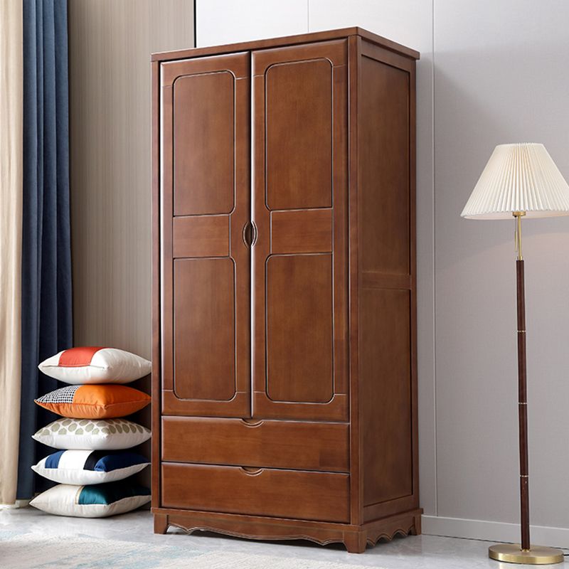 Rubberwood Solid Wood Wardrobe Traditional Freestanding Wardrobe with 2 Drawers