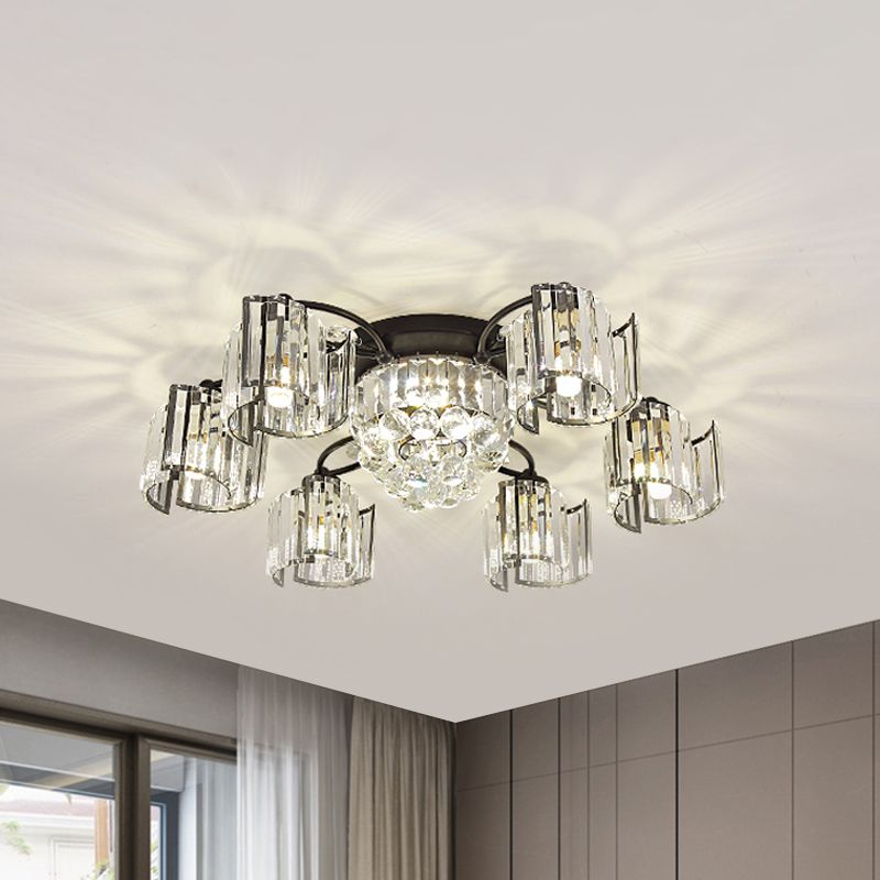 Curved Panel Semi Flush Mount Modern Crystal Rectangle 4/6 Heads Dining Room Ceiling Lighting in Black