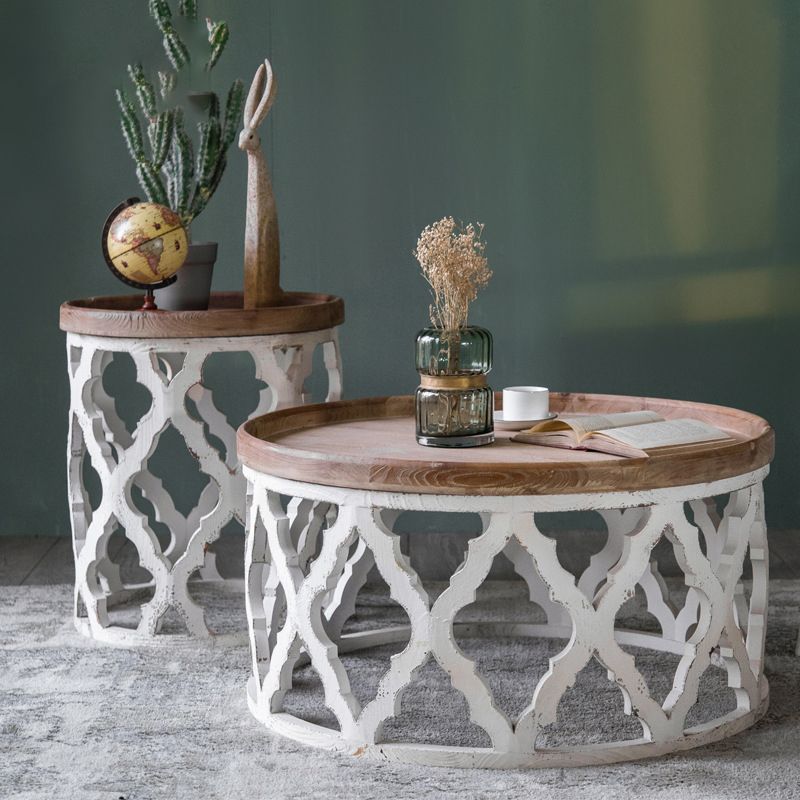 Rustic Drum Side Table Solid Wood Sofa Side Accent Table in Distressed White