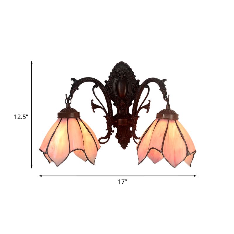 White/Pink Glass Copper Wall Light Sconce Lotus 2 Bulbs Victorian Wall Mount Lamp with Curved Arm