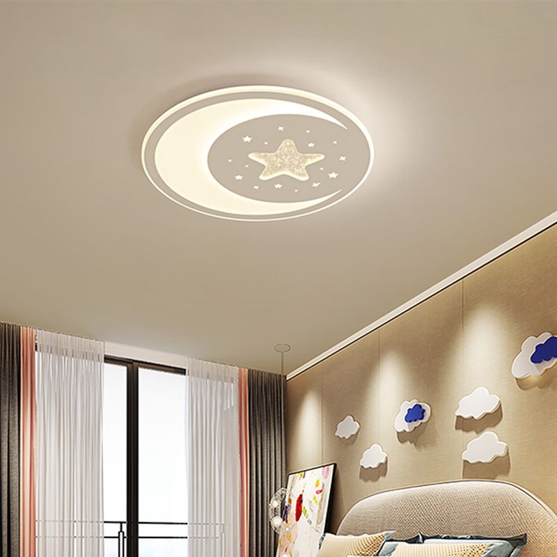 Starry Moon Night Nursery Ceiling Light Acrylic Kids LED Flush Mount Light Fixture in White