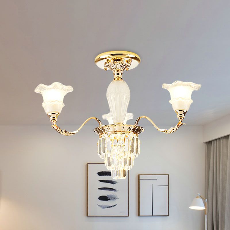 Tapered Crystal Prism Up Chandelier Modern 3/6-Light Bedroom Hanging Lamp with Ruffled Bell Frosted Glass Shade in Gold