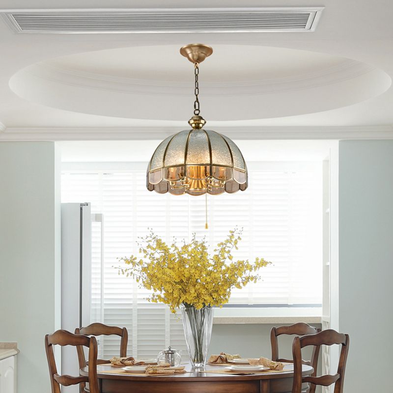 6 Bulbs Dome Chandelier Pendant Light Antique Brass Water Glass Hanging Light with Scalloped Trim